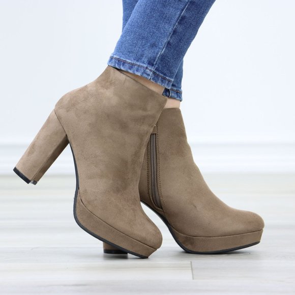 Platform Tan Suede Ankle Booties Block Heeled Boots - Picture 5 of 11
